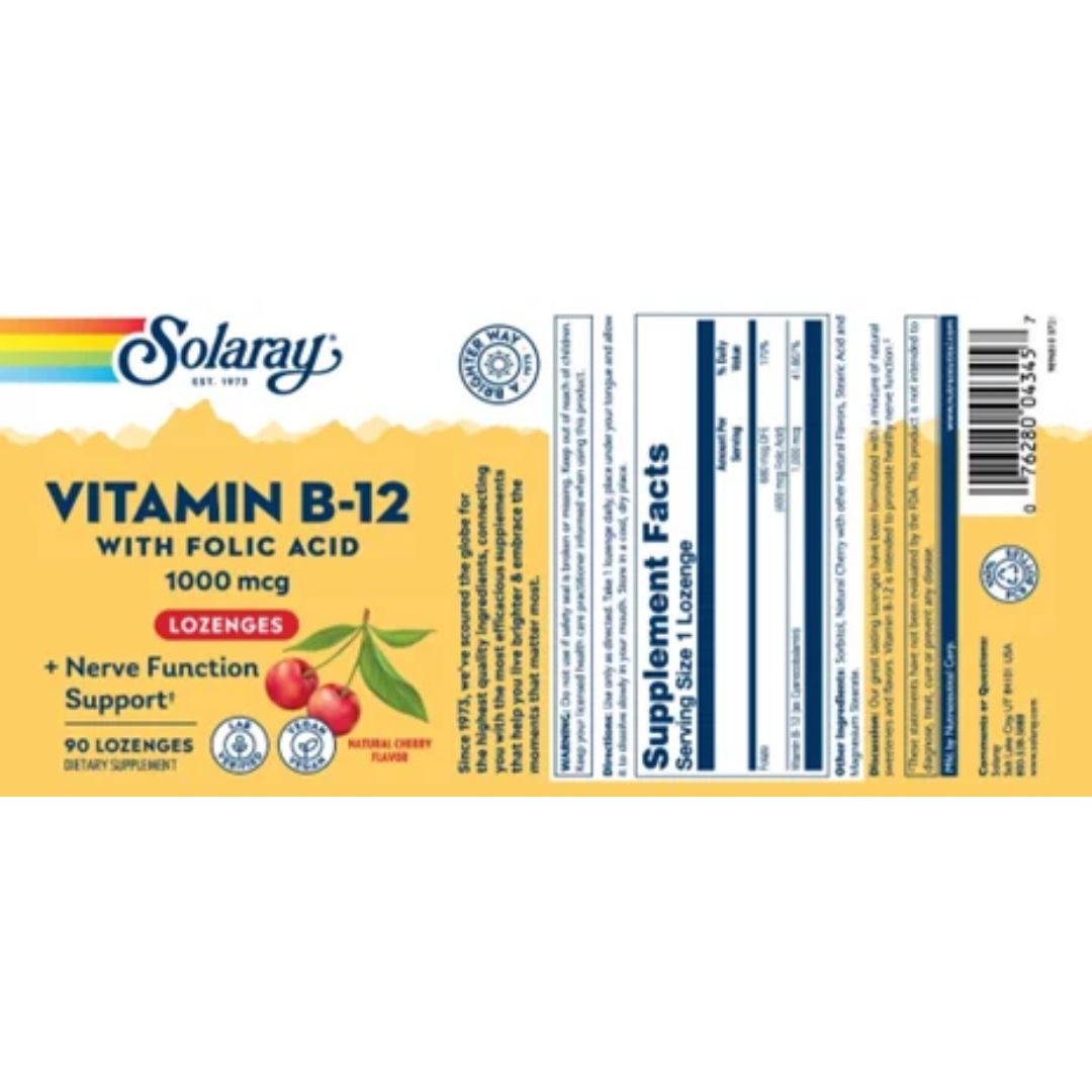 Vitamin B-12 with Folic Acid 1000mcg Cherry Lozenges - 90 Lozenges