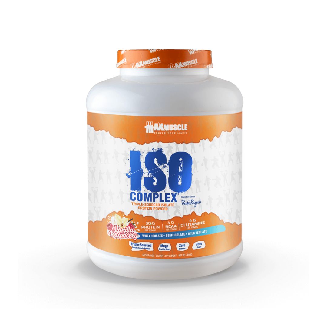 Max Muscle Iso Complex Triple Sourced Isolate Protein Powder Reda Ragab Signature Series-60Serv.-2040G.- Vanilla Raspberry