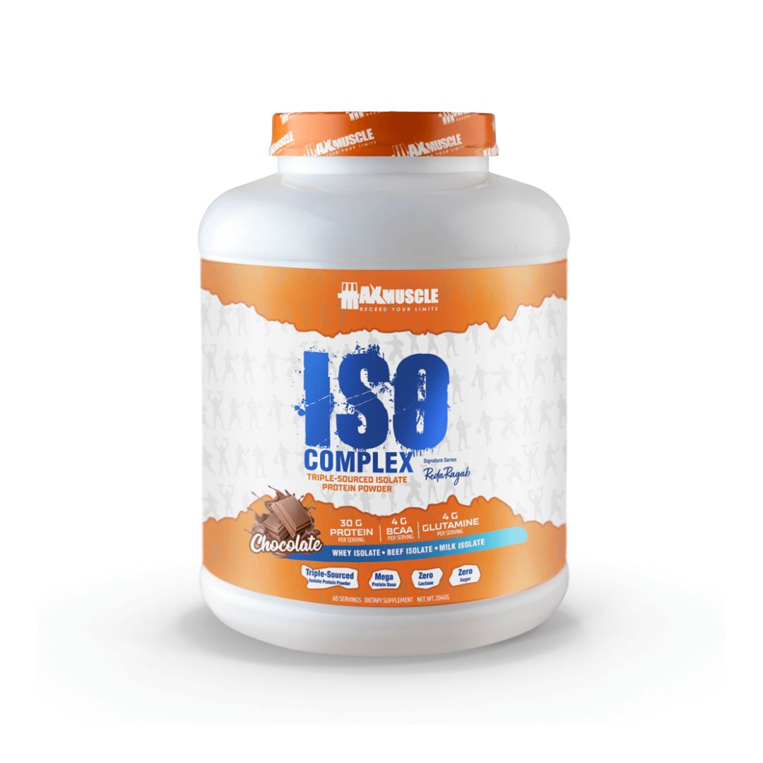ماكس ماصل إيزو كومبلكس ثلاثي المصدر واي بروتين ايزوليت باودر رضا رجب سيجنتشر سيريس 60 حصة 2040 جم شوكولاتة