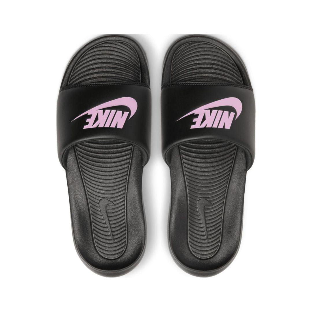 black and pink nike sliders