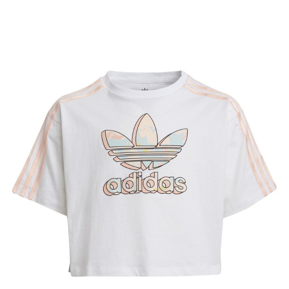 adidas Marble Logo Graphic Print Kid's Crop T-Shirt White