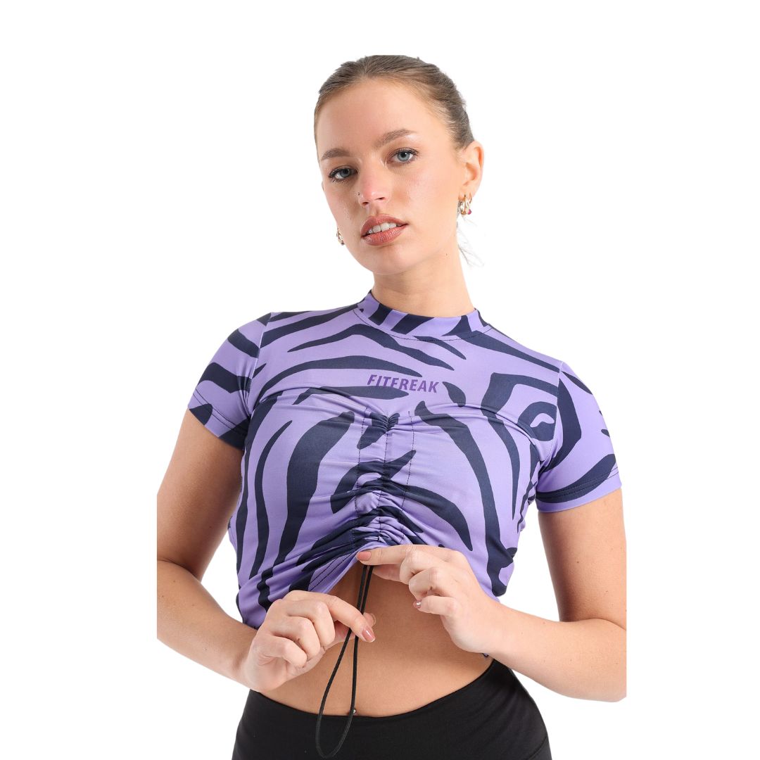 Front drawstring zebra printed top in purple