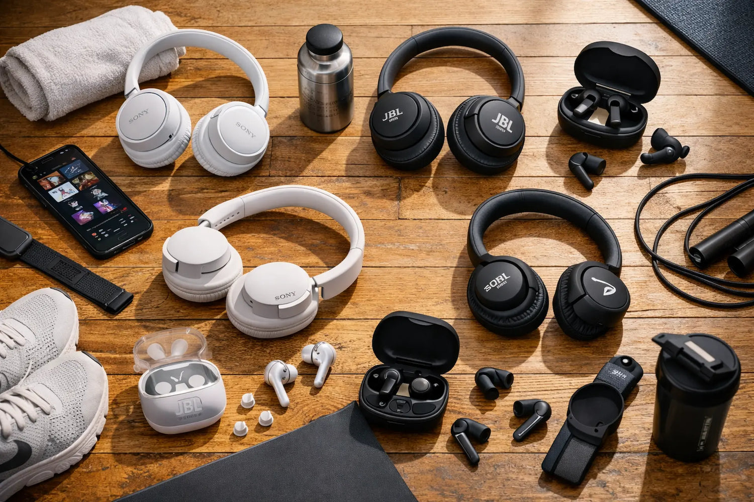Sports-headphones-lifestyle-flatlay
