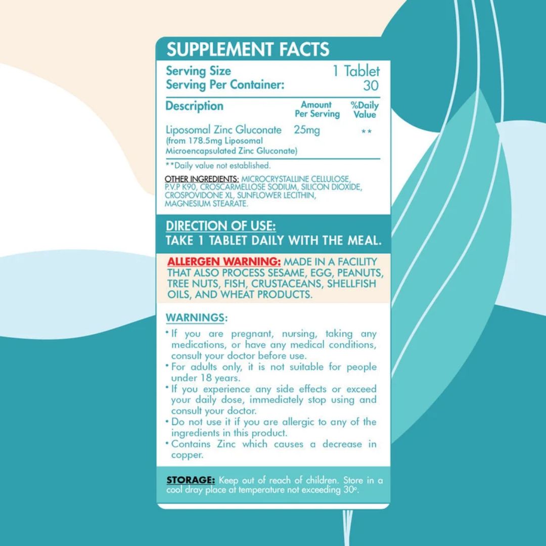 Liposomal Zinc Gluconate 25mg - 100 Tablets - 100 Servings